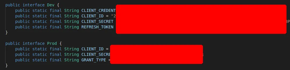 Credentials for Dev and Prod — Contents of the Constants.java file