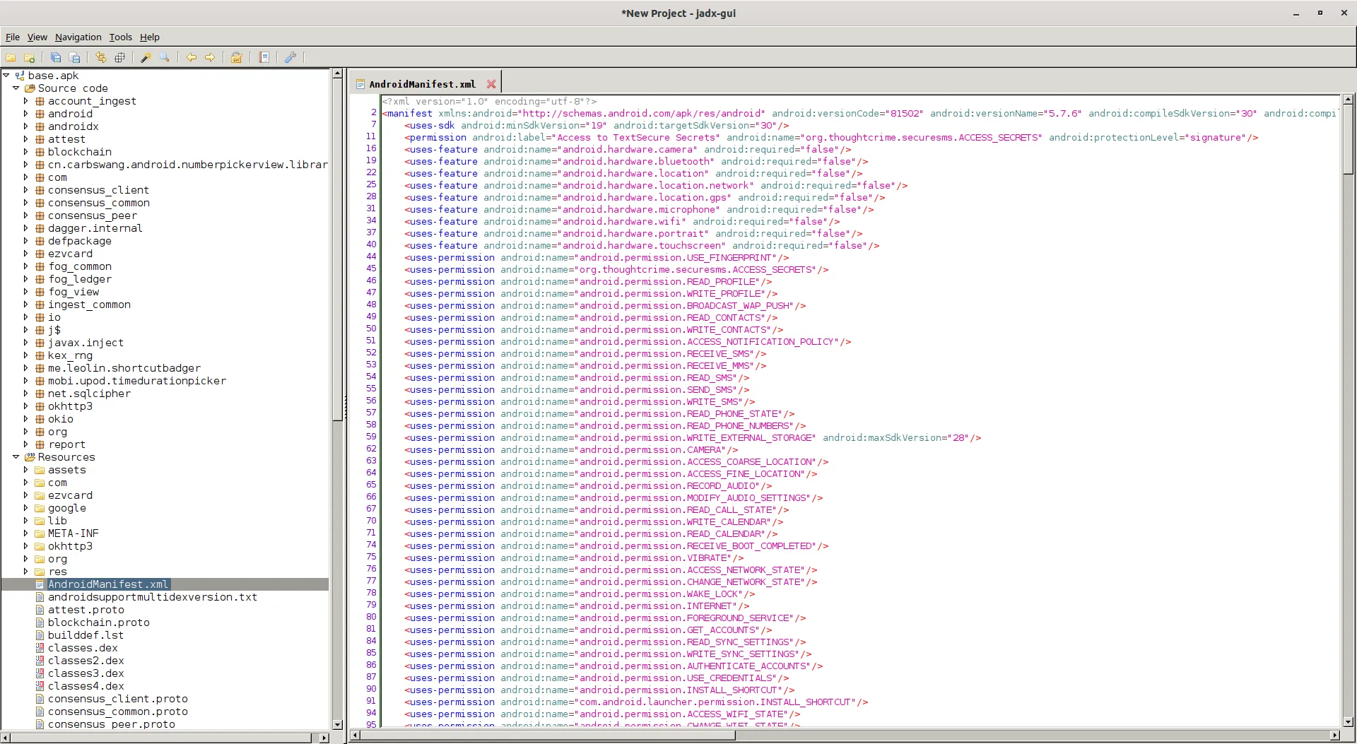 Signal App’s AndroidManifest.xml in jadx-gui