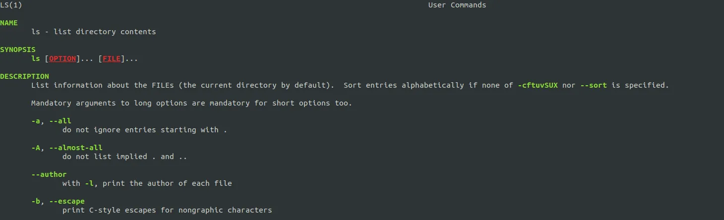 man page of ls command