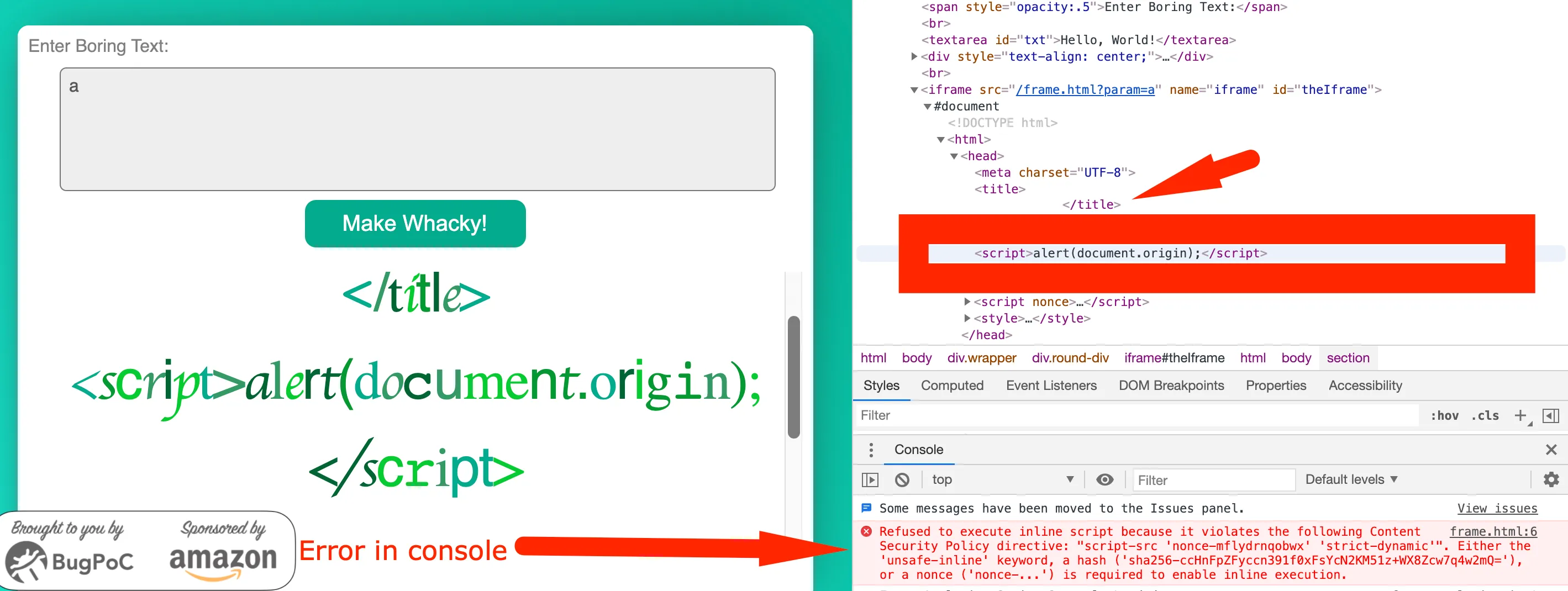 title tag escaped and CSP error in console "title tag escaped but CSP error"